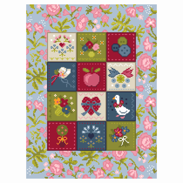 162A Cross Stitch Pattern Patchwork Quilt Americana Block Floral Bows Buttons