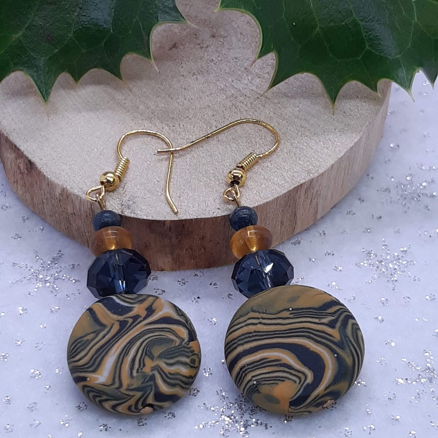 Mustard and navy dangly earrings