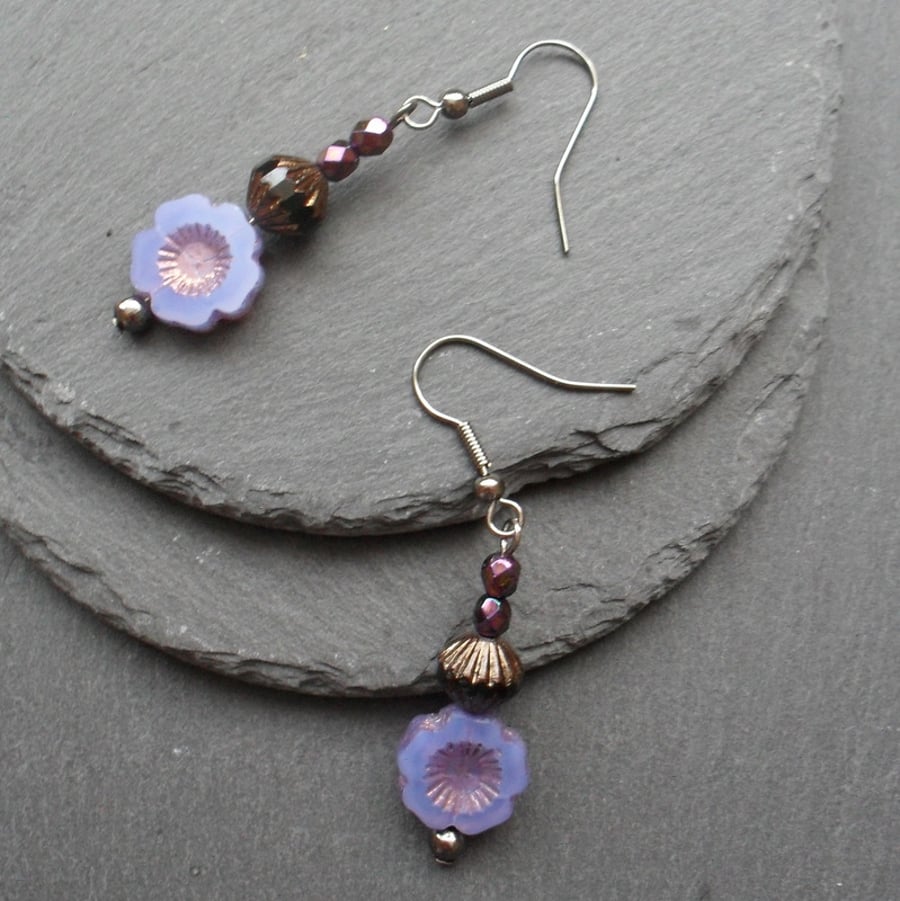 Lilac Czech Glass Flower Drop Earrings Gunmetal Tone Vintage