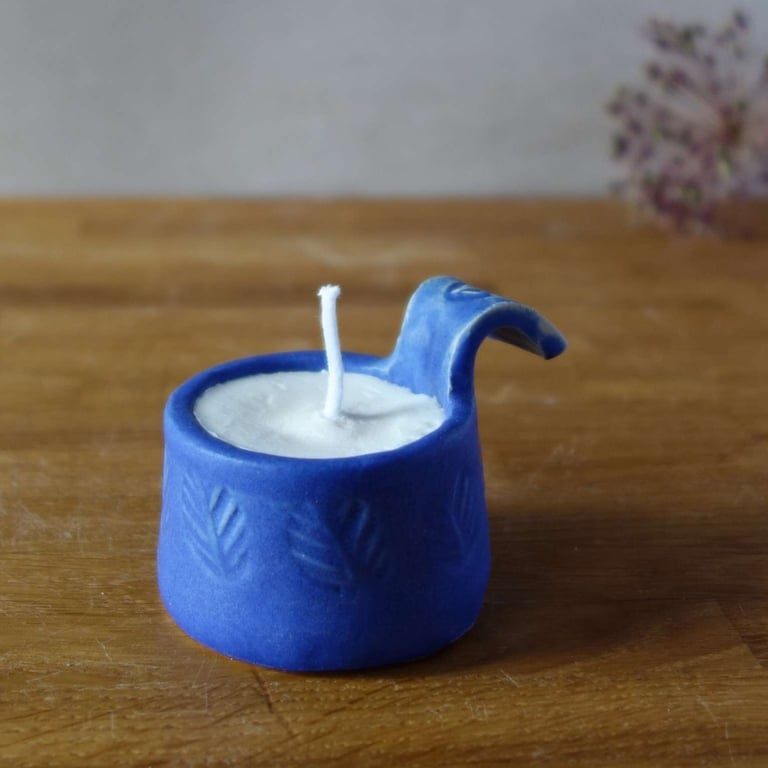 Handmade Blue Ceramic Candle - Small Rustic Pottery Candle Holder - Botanica