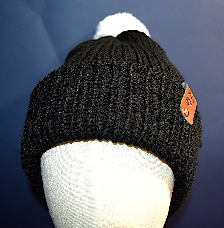 Handcrafted Hat with Faux Rabbit Fur Pompom Black Arran White Pompom