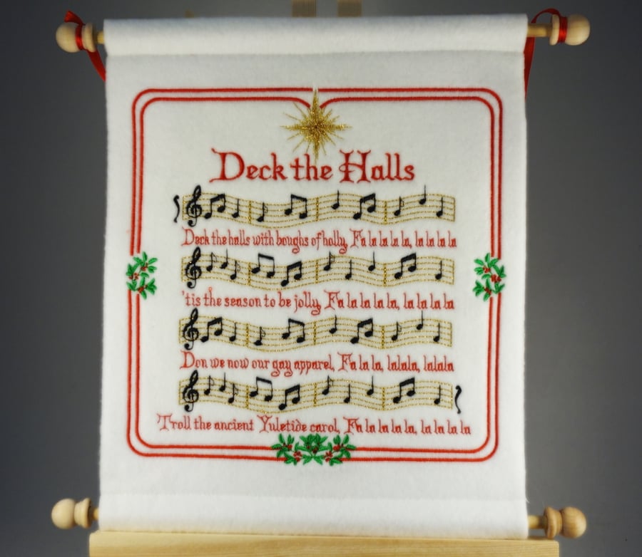 Deck the Halls. Hand Crafted, Embroidered Christmas Carol Wall Hanger
