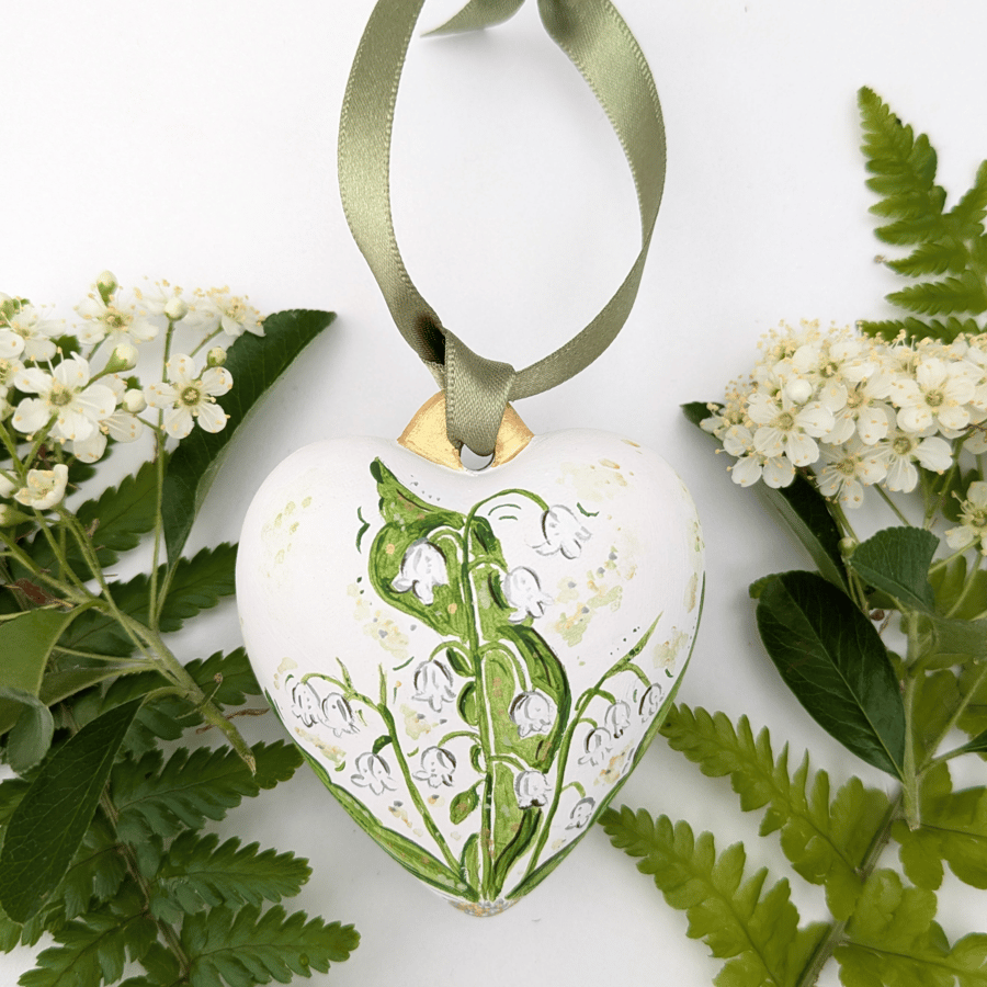 Lily of the valley hand-painted ceramic heart bauble
