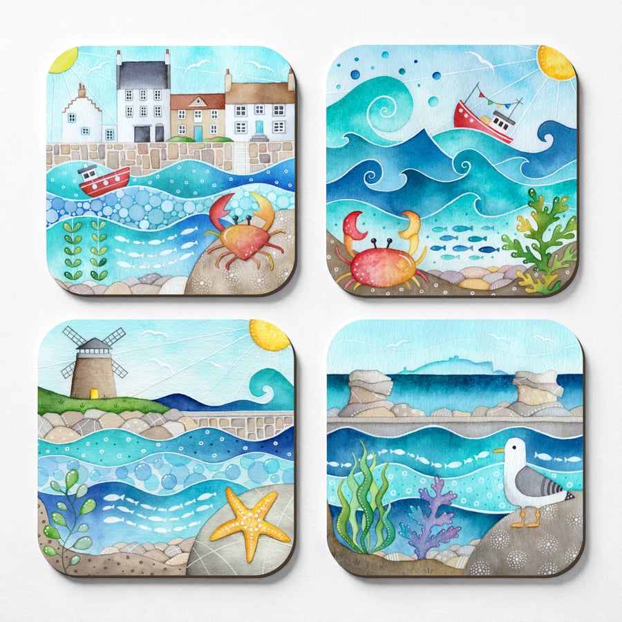 Seaside Coasters (Set of 4) Scottish Watercolour Art - East Neuk Seagull, Crab