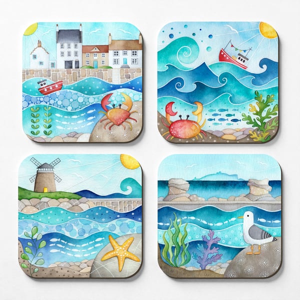 Seaside Coasters (Set of 4) Scottish Watercolour Art - East Neuk Seagull, Crab