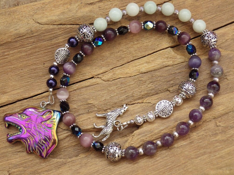 Wild Wolf Prayer Beads, Gemstone Rosary, Meditation Mala Beads