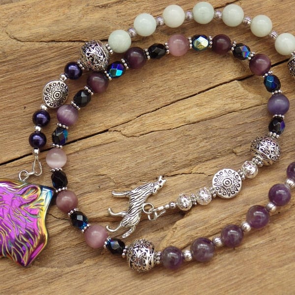 Wolf Prayer Beads, Gemstone Meditation Beads