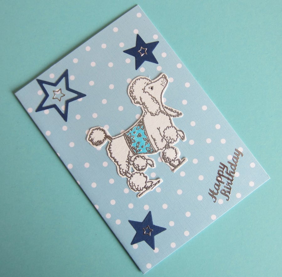Poodle and Stars Birthday Card. % to Ukraine