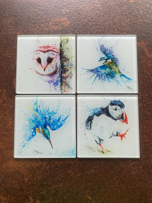 Set of 4 Glass Coasters, British Birds Design Coasters, Glass Mats, Watercolour 