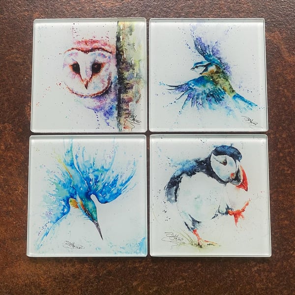 Set of 4 Glass Coasters, British Birds Design Coasters, Glass Mats, Watercolour 