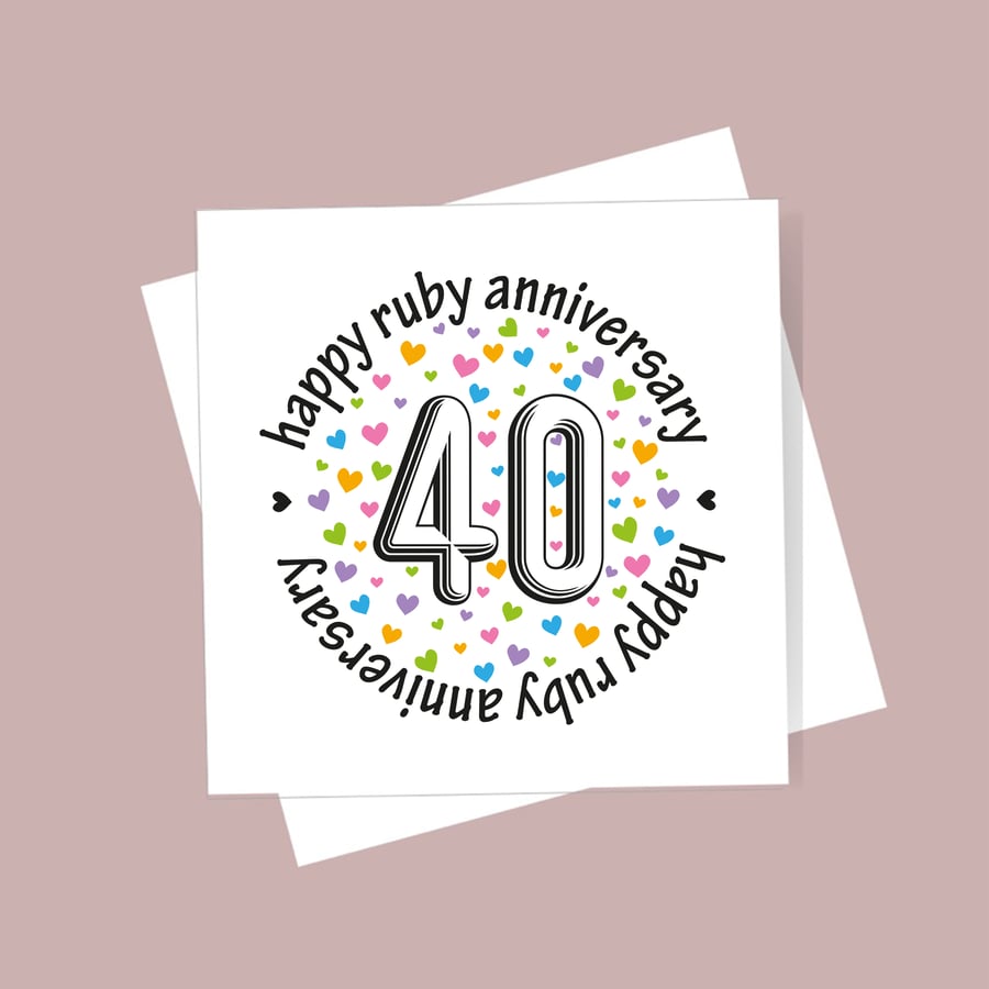 40th Wedding Anniversary card - ruby anniversary, free postage, blank inside