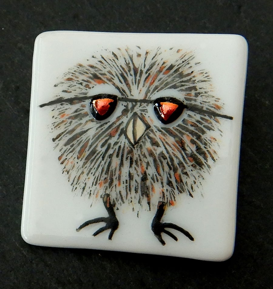 HANDMADE FUSED DICHROIC GLASS 'OSSIE THE OWL' BROOCH.
