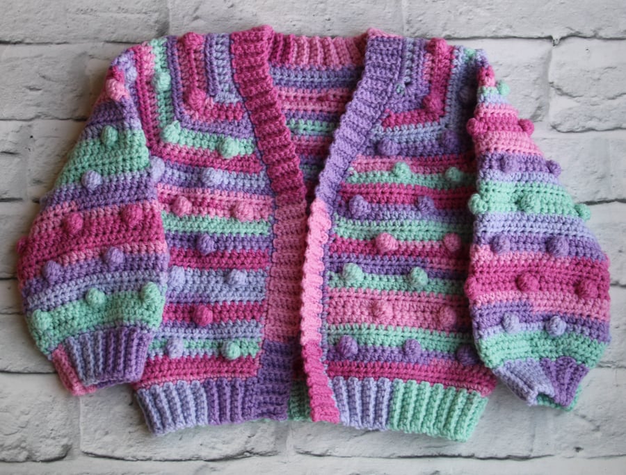 Bobble Cardigan for Toddler 1-2 yrs - Purples Pinks and Greens - Spring Colours