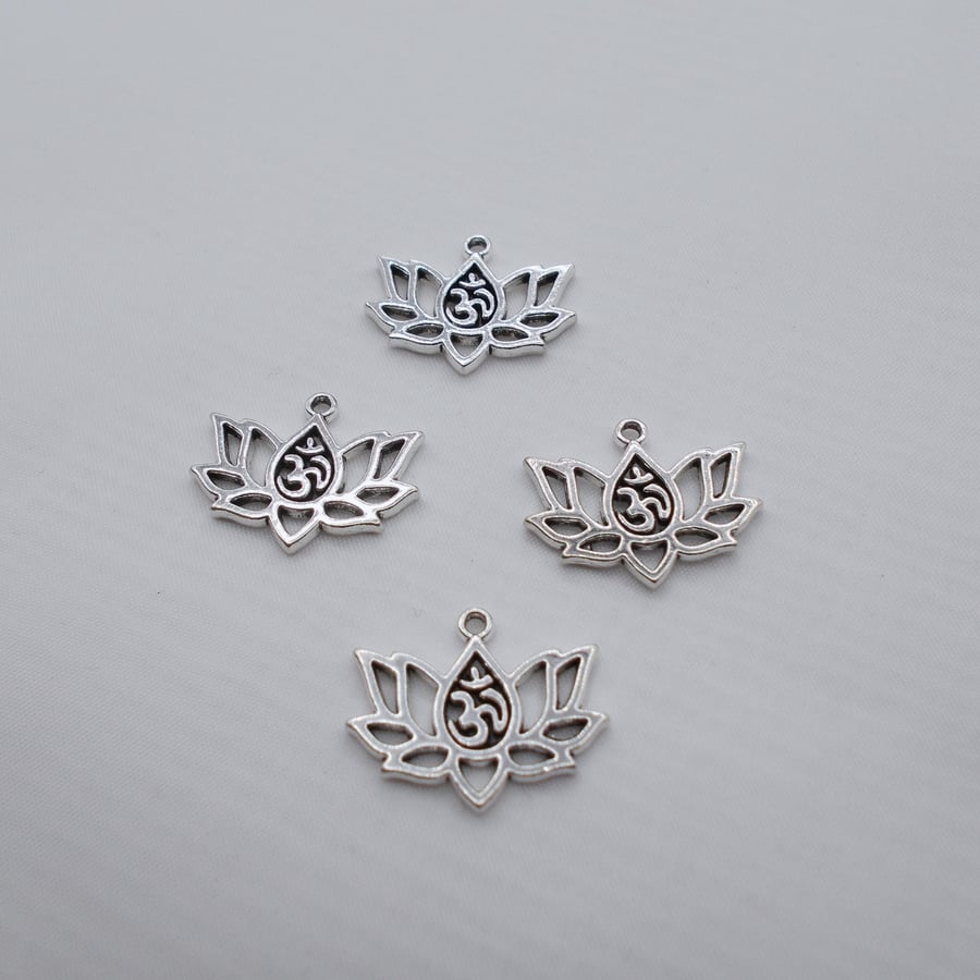 10 lotus om charms, 20 x 16mm, antique silver tone lotus pendants, UK craft shop
