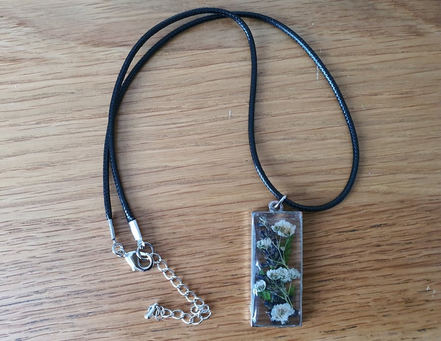 Pretty Real Dried Flower Rectangle Pendant in an Open Bezel