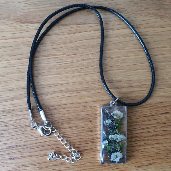 Pretty Real Dried Flower Rectangle Pendant in an Open Bezel