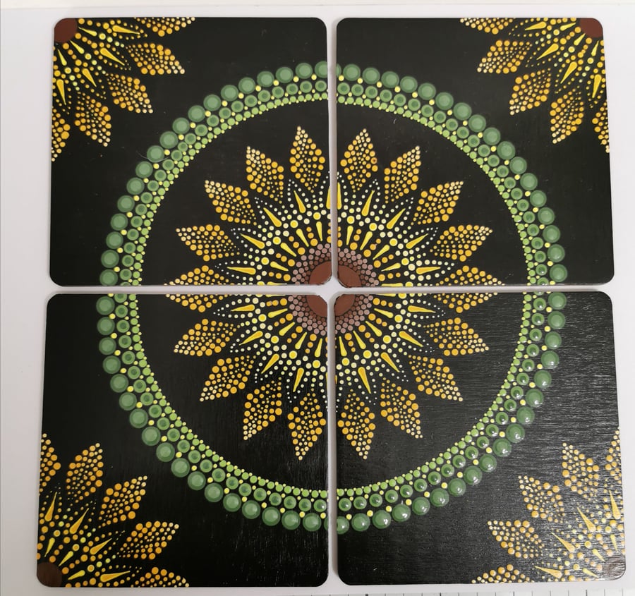Stunning hand painted sunflower mandala 4 coaster set