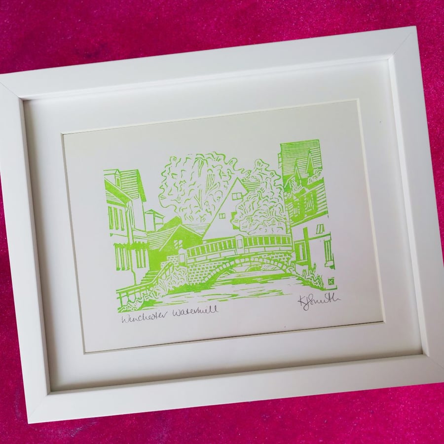Winchester Watermill original linocut art print A5 - in lime