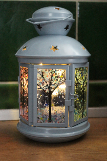 Seconds Sunday Rustic Style Pale Lantern with Fused Glass panels & fairy lights