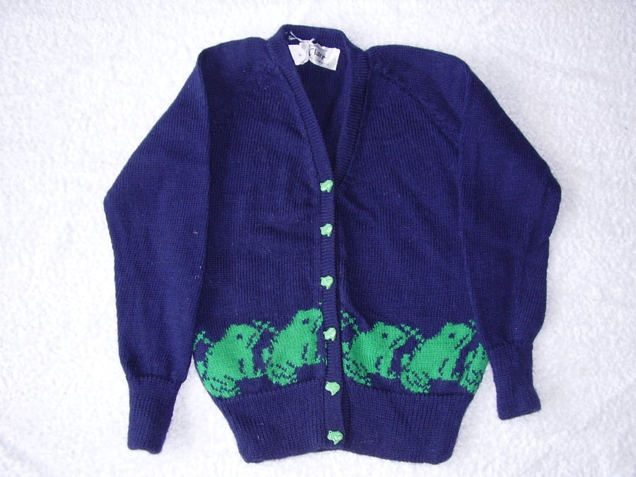 Frog cardigan with frog buttons. Made to order in machine wash wool or cotton