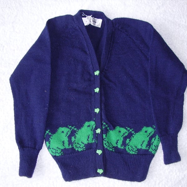 Frog cardigan with frog buttons. Made to order in machine wash wool or cotton