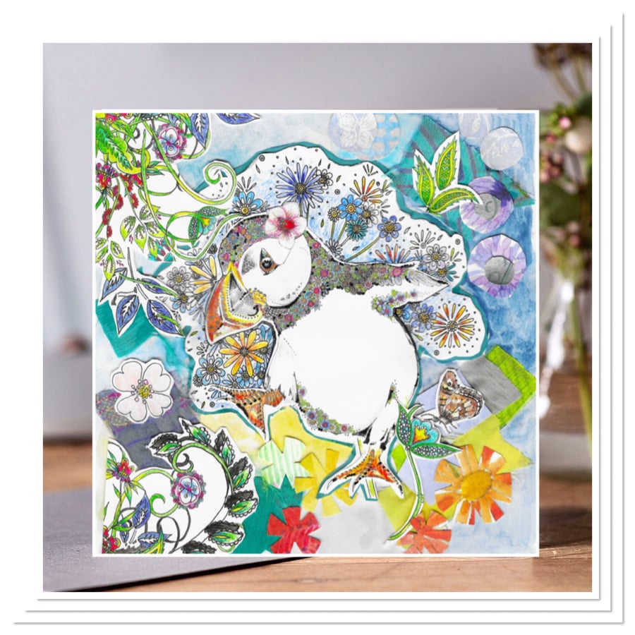 Dancing Puffin collage greeting card