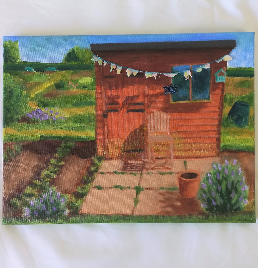 Allotment shed - 16x12" original acrylic mixed media canvas painting