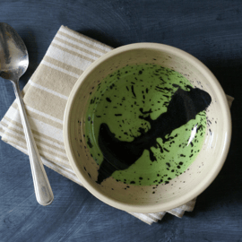 SALE - Stoneware pottery bowl with splattered green and black 