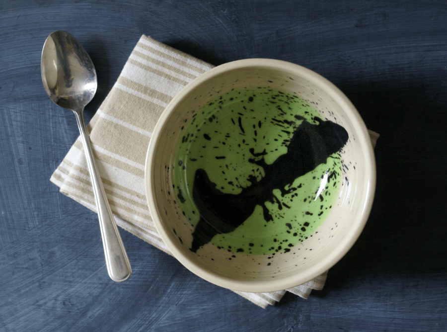 SALE - Stoneware pottery bowl with splattered green and black 