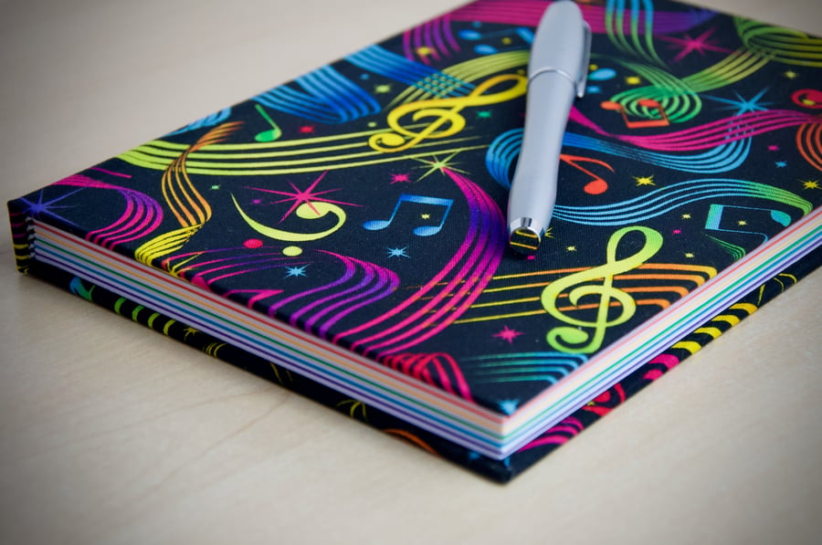 A5 Hardback Notebook with full cloth colourful music cover