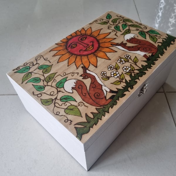 Large Wooden box hand painted lined box, trinket, keepsake Foxes fox and sun