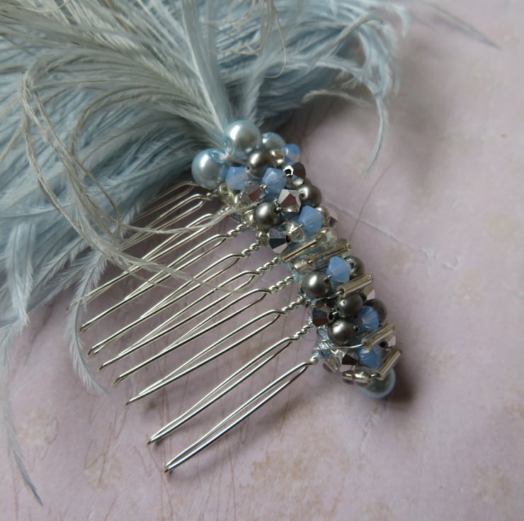 Borrowed & Blue Crystal CZ Stone White Ostrich Feather Hair Comb - NWT Pale Blue Ostrich Feather & Crystal Beaded ... - Folksy main image 4