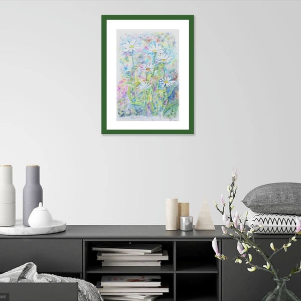 Modern Botanical Watercolour Painting of Ox Eye Daisies. 