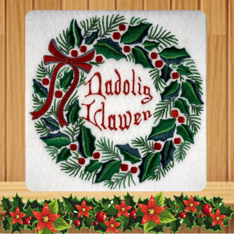 Welsh Handmade Nadolig Llawen Holly Wreath Christmas card embroidered design 