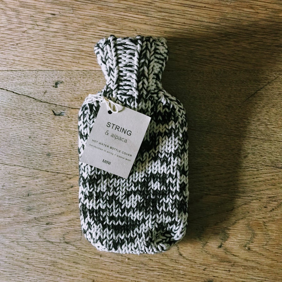 Mini Hot Water Bottle - hand knitted in household string and undyed alpaca wool