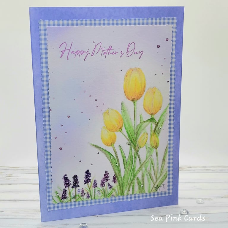 Mother's Day Card original handpainted  - yellow tulips, gingham