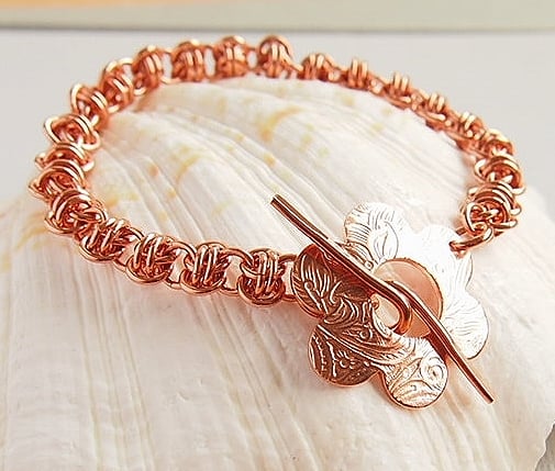 Pure Copper Chainmaille Bracelet With Handmade Flower Toggle Clasp