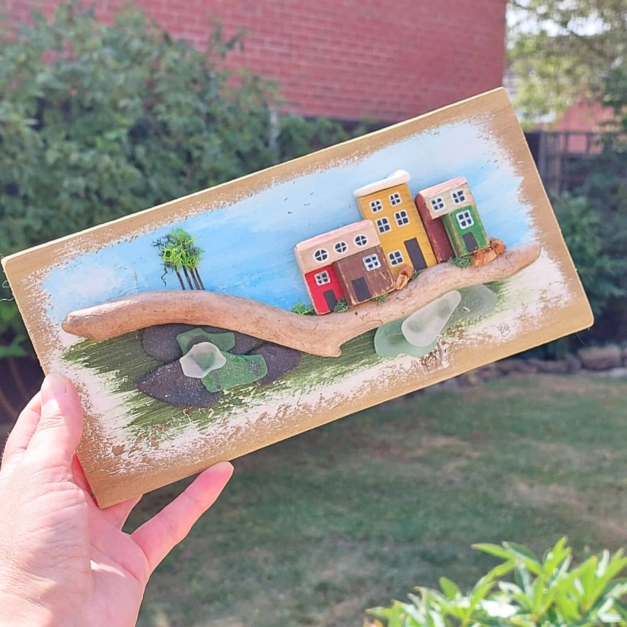 Driftwood Coastal Cottage Wall Art, Handmade Seaside Landscape