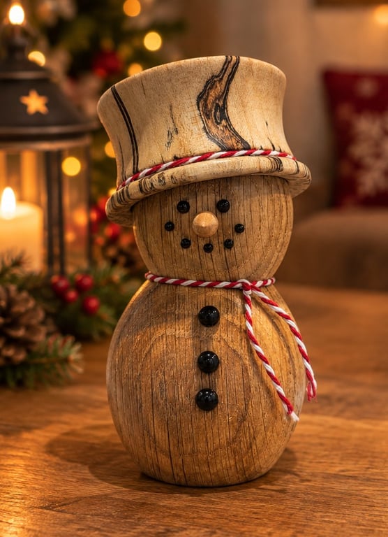 Handmade Oak & Spalted Maple Wooden Snowman, Christmas Decoration, Wood Turned
