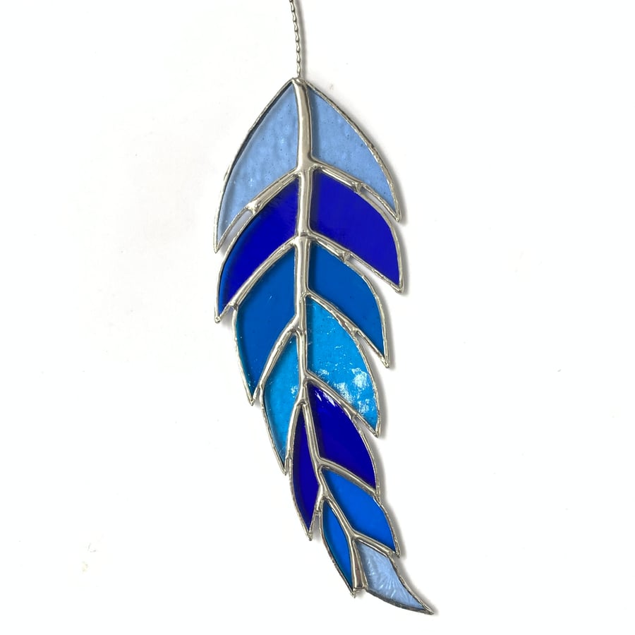 Stained Glass Feather Suncatcher - Handmade Hanging Decoration - Blue and Turq