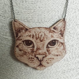 Pyrography tabby cat pendant