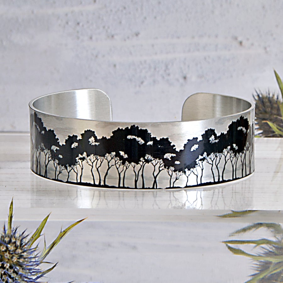 Tree cuff bracelet, personalised monochrome jewellery bangle. B133