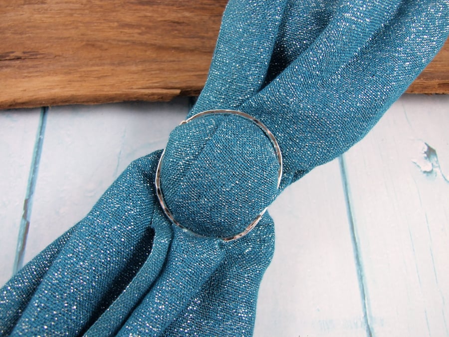 Hammered Silver Round Scarf Ring, Artisan Buckle for Medium Weight Scarf