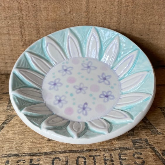 Hand carved ceramic dish pale turquoise