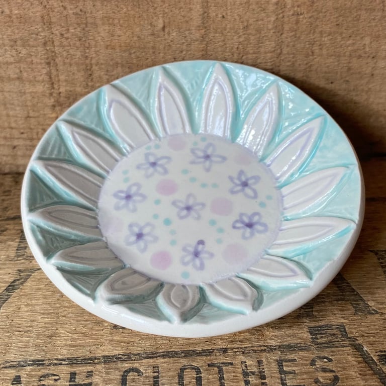 Hand carved ceramic dish pale turquoise