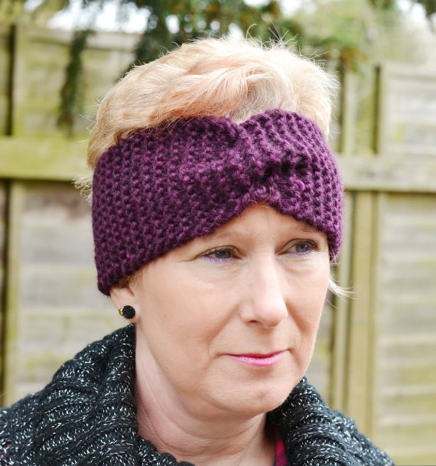 Knitted Headband Ear warmer Chunky Knit Wide Turban Style Plum