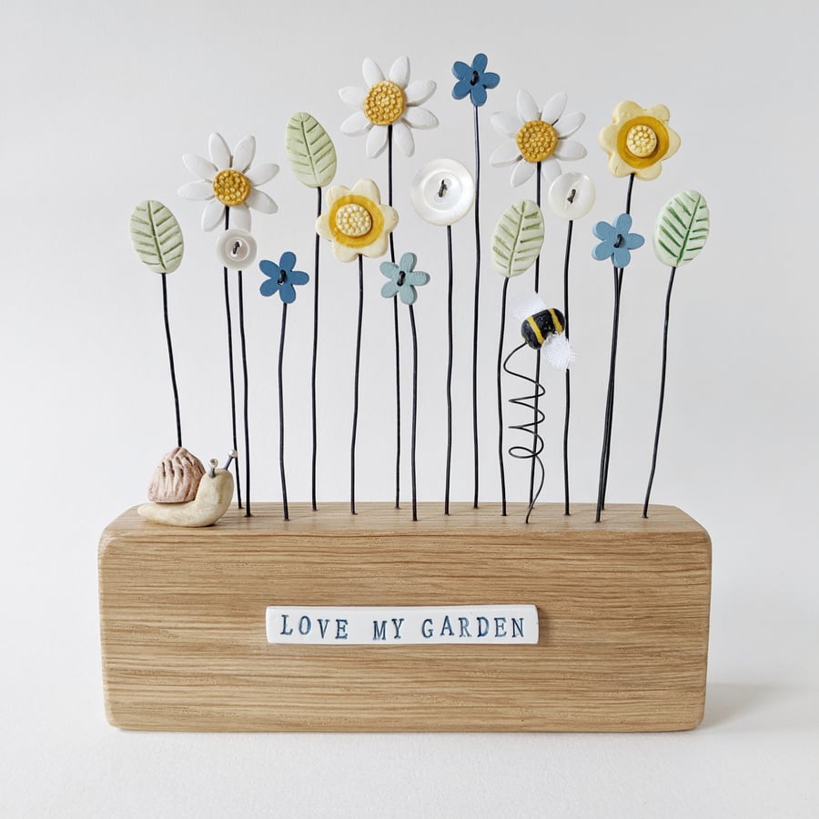 Clay and Button Daisy Flower Garden in an Oak Wood Block 'Love my Garden'