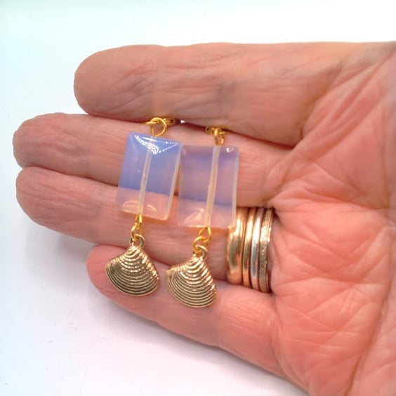  Milky White Rectangular Earrings with a Gold Plated Clam Shell, Gift for Her