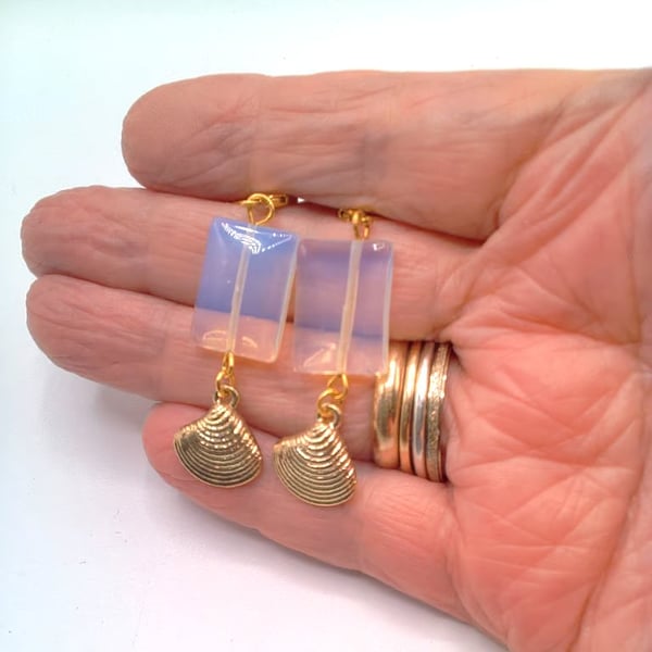  Milky White Rectangular Earrings with a Gold Plated Clam Shell, Gift for Her