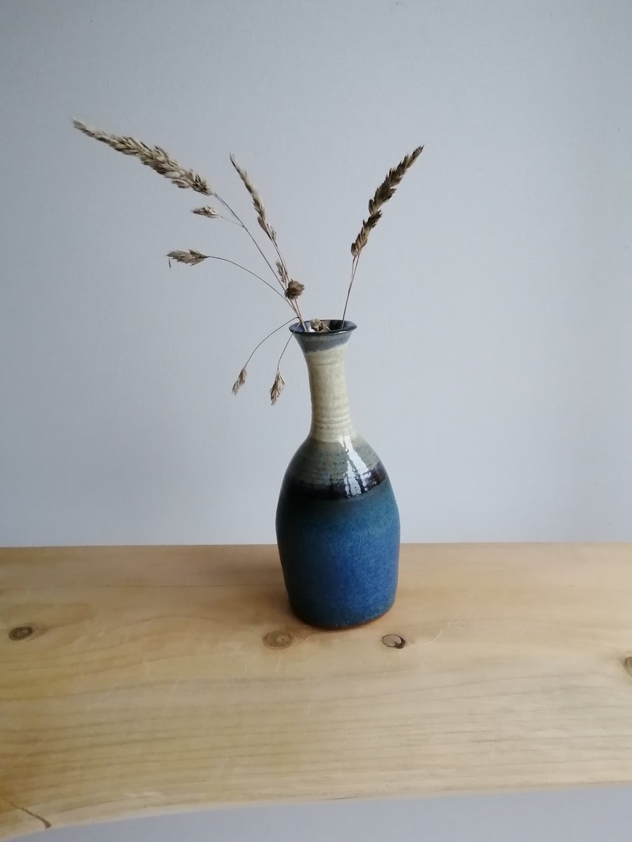 Elegant handmade ceramic stoneware small bud vase blue, cream glazes